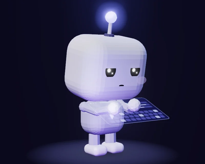 The robot typing on a floating keyboard with a focused face